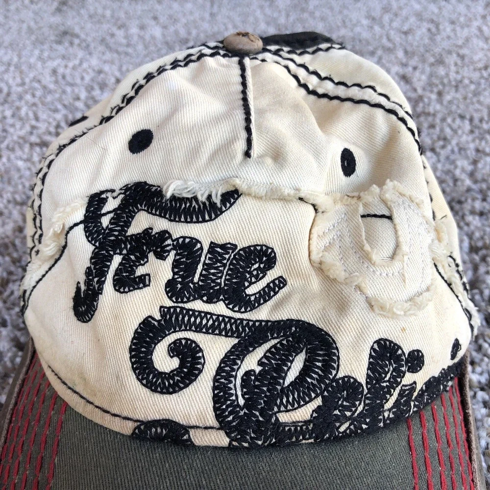 True Religion Embroidered Spellout Hat OSFA Distress Leather Trim Strap Back Cap